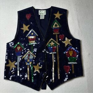 Vintage The Quaker Factory Woman's Vest Birdhouse Sequin 80's Small